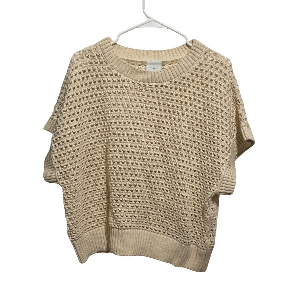 Varley Crochet Knit Top Womens Medium Cream Short Sleeve Cotton Open Stitch Boho